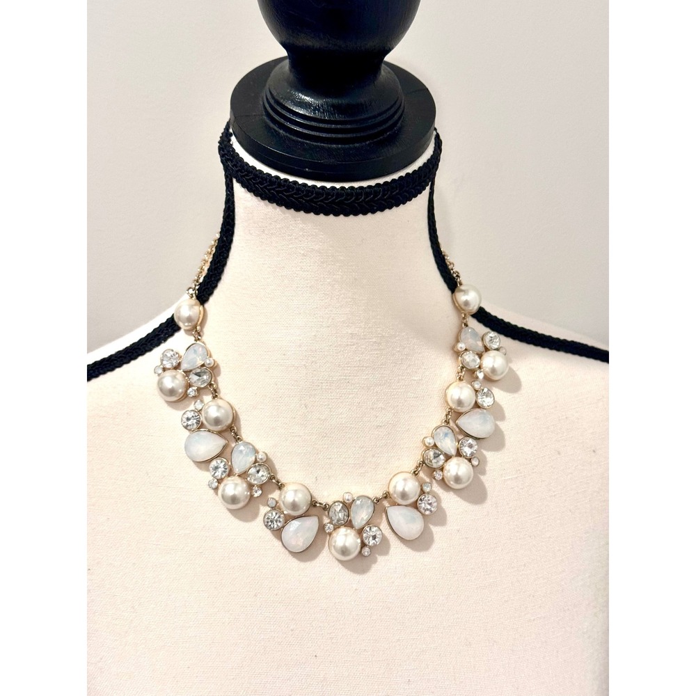 Statement Necklace Faux Pearls Crystal & White Opalescent Stones Gold Tone 19"